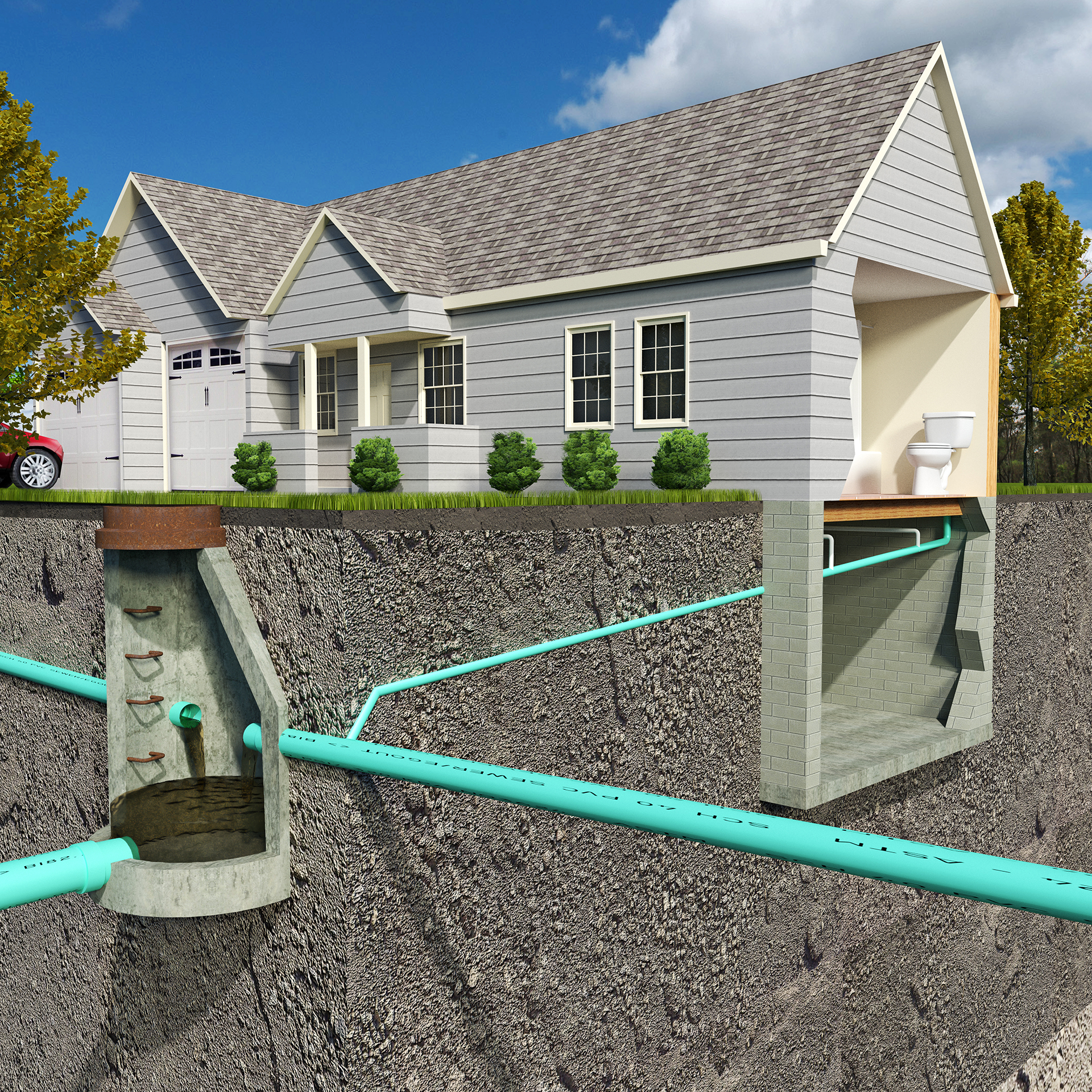A schematic section-view illustration of a contemporary Sanitary Sewer System depicting a residential connection to a public sanitary structure with text descriptions of the process.